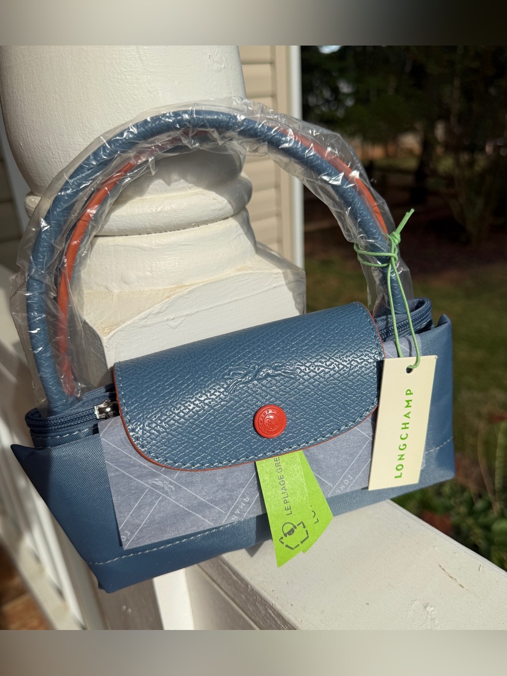 Longchamp Blue Mini Top-Handle Bag with Red Accent
